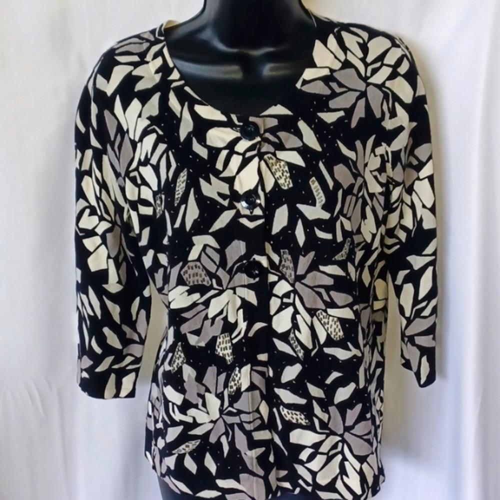 DESIGNERS ORIGINALS BLACK & CREAM 3/4 LENGTH CARDIGAN SIZE M, embellished/beaded
